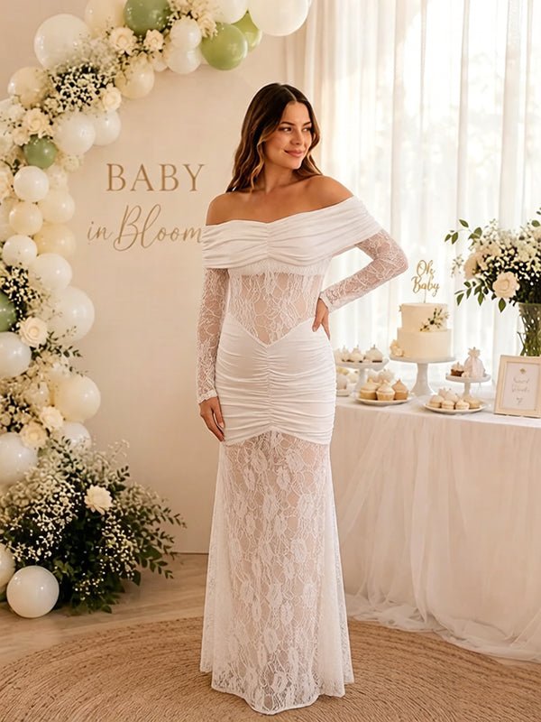 Momyknows Elegant White Off Shoulder Bodycon Ruched Mermaid Lace Maternity Baby Shower Maxi Dress, White / M