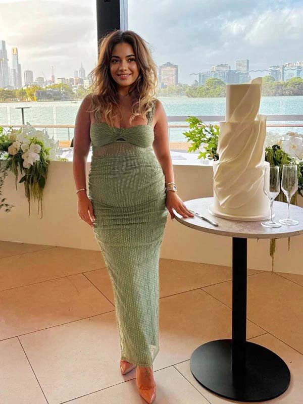 knee length dresses for ladies Momyknows Green Lace Cut Out Sheer Tank Bodycon Elegant Cocktail Maternity Photoshoot Baby Shower Maxi Dress Green / S