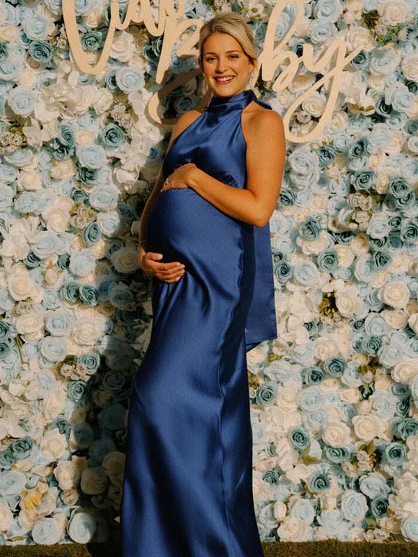 Momyknows Blue Satin Tie Back Halter Neck Backless Maternity Maxi Dress