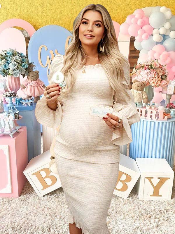 Momyknows Ruffle Off Shoulder Long Sleeve Bodycon Gender Reveal Maternity Midi Dress Apricot / M