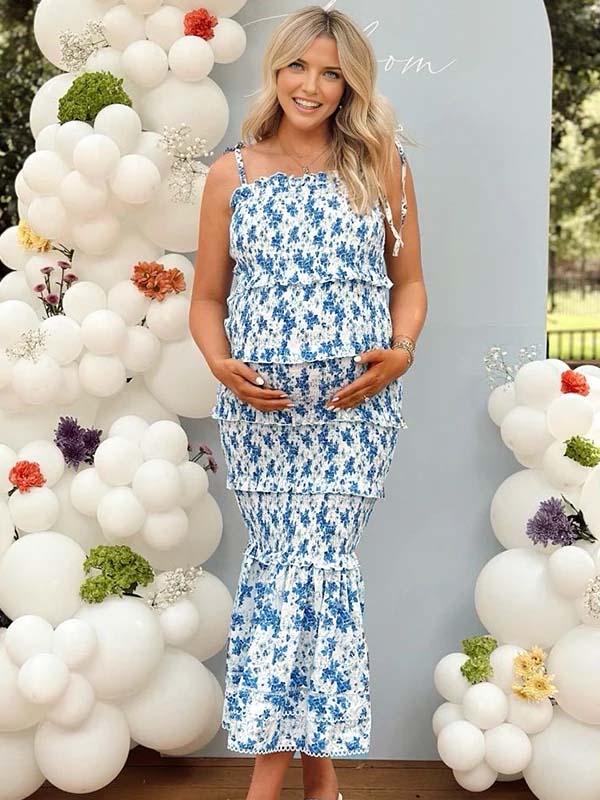 Momyknows Smoked Spaghetti Strap Stamp Duty Maternity Baby Shower Maxi Dress