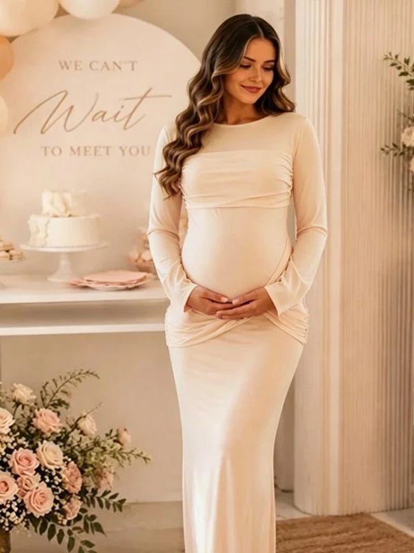 bodycon maternity dress formal Momyknows Round Neck Ruched Baby Shower Maxi Dress, Pink / M formal occassion Up to 30% Cartagena Dress / Navy Variants:Medium Kit
