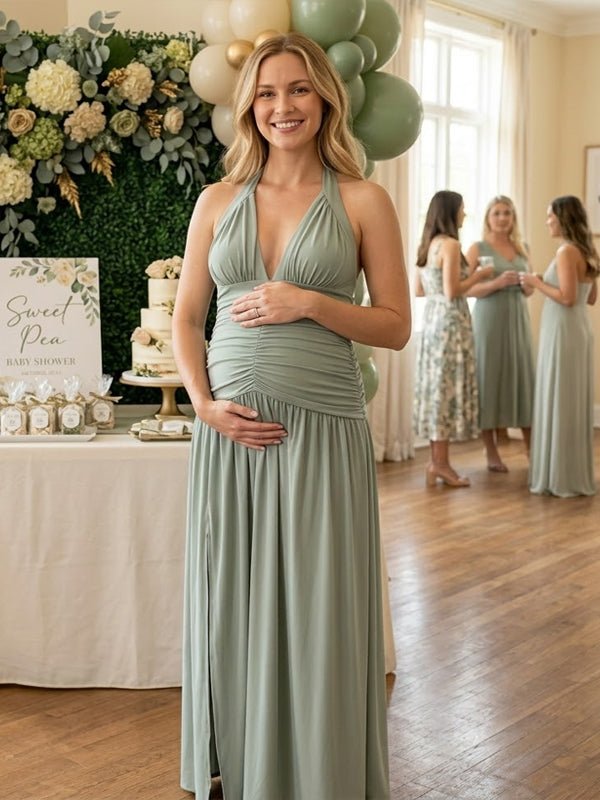 green baby shower dress Bump-friendly Dresses  Bumplook a sash tie Loomaby Pregnant Women Off-Shoulder Fishtail
