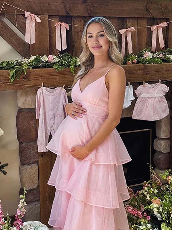 Momyknows Layered Ruffle A-line Backless Cami Princess Maternity Maxi Dress Pink / M Momyknows Layered Ruffle A-line Backless Cami Princess Maternity Maxi Dress Pink / M