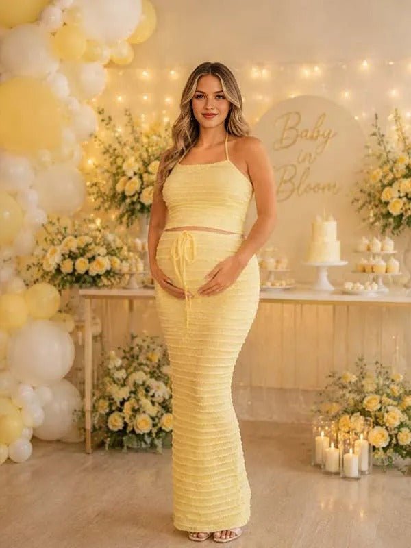 maternity bridesmaid dress yellow Momyknows Two Piece Ruffle Halter Neck Lace-up Baby Shower Maxi COS | Dresses | summer backless sundress Baby shower Product Details Size:Size 16-28