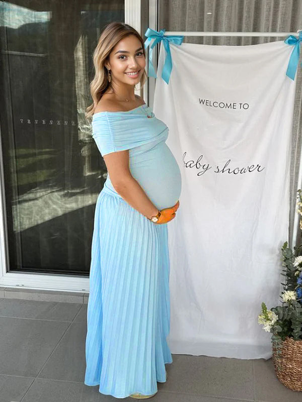 Momyknows Solid Color Ruched Pleated Off Shoulder Big Swing Elegant Cocktail Party Maternity Photoshoot Baby Shower Maxi Dress