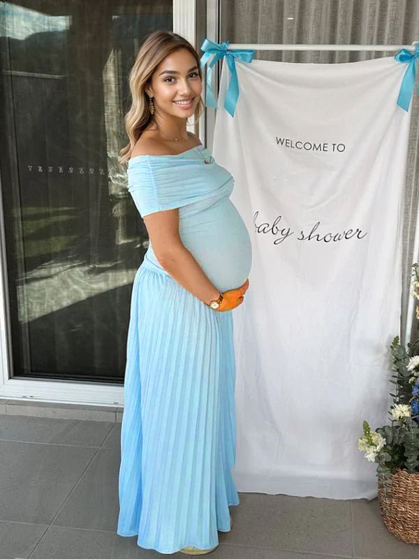 blue maternity dress off the shoulder Momyknows Floral Ruched A-line Puff Sleeve Sweet Going Out Photoshoot Baby Shower Mini Dress, Light Blue / S 114cm;L Blue Maternity Photography Dress -