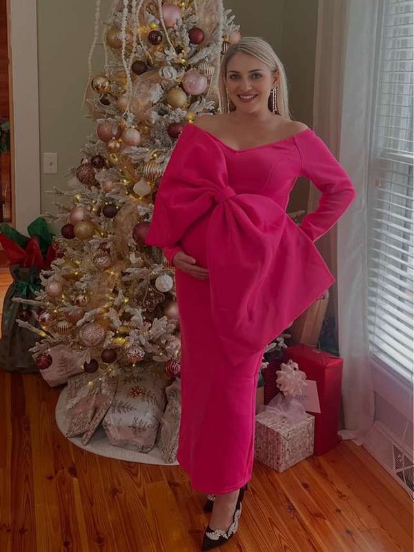 Off Shoulder Irregular Bowknot Baby Shower Maternity Maxi Dress – Momyknows