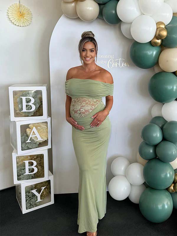 Momyknows Off Shoulder Lace Sheer Splicing Ruched Baby Shower Maternity Maxi Dress Green / 2XL Momyknows Off Shoulder Lace Sheer Splicing Ruched Baby Shower Maternity Maxi Dress Green / 2XL