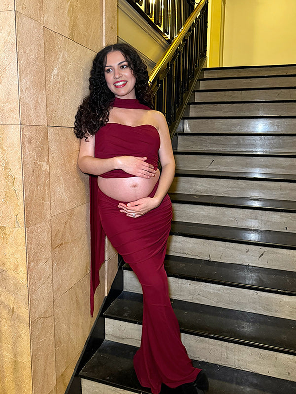 red maternity photoshoot dress Momyknows Wine Red Ruched Ribbon High Waisted Two Piece Maternity Photoshoot Maxi Dress, Wine Red / S
