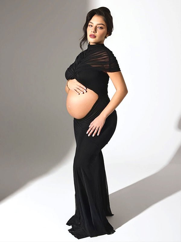Momyknows Black Bare Sheer Midriff Grenadine Maternity Photoshoot Maxi Dress, Black / L