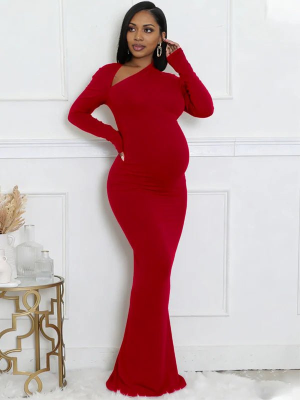 long sleeve maxi maternity dress Grey Blue / X-Large Silhouette made to accommodate all stages of pregnancy Black Solid Long Sleeve Scoop