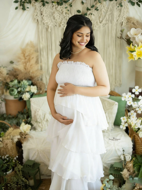 Momyknows Smocked Falbala Tulle Skirt Maternity Baby Shower Maxi Dress White / M Momyknows Smocked Falbala Tulle Skirt Maternity Baby Shower Maxi Dress White / M