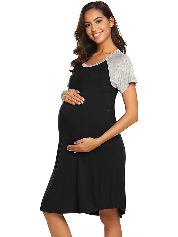 Momyknows Round Neck Spliced Maternity and Lactant Women Daily Home Maternity Nursing Dresses