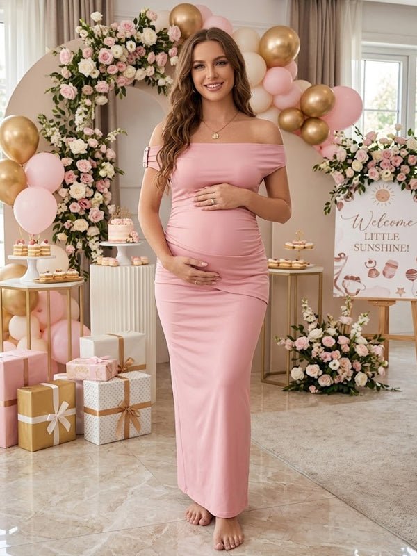 Momyknows Off Shoulder Ruched Backless Maternity Baby Shower Maxi Dress, Yellow / M