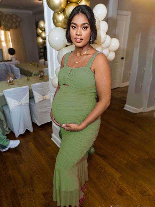 Momyknows Condole Belt Ruched Bodycon Cut Out Mermaid Sleeveless Babyshower Maternity Maxi Dress