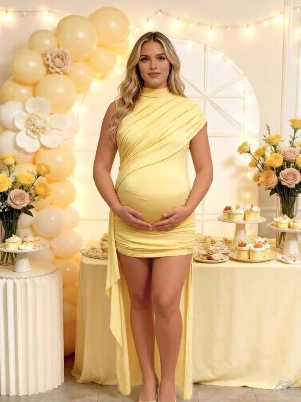 Momyknows Yellow Grenadine Irregular Ruffle Splicing Maternity Baby Shower Maxi Dress, Yellow / 2XL