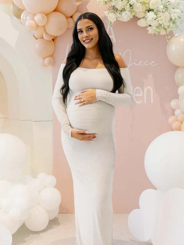 Momyknows White Off Shoulder Ruched Baby Shower Maternity Maxi Dress
