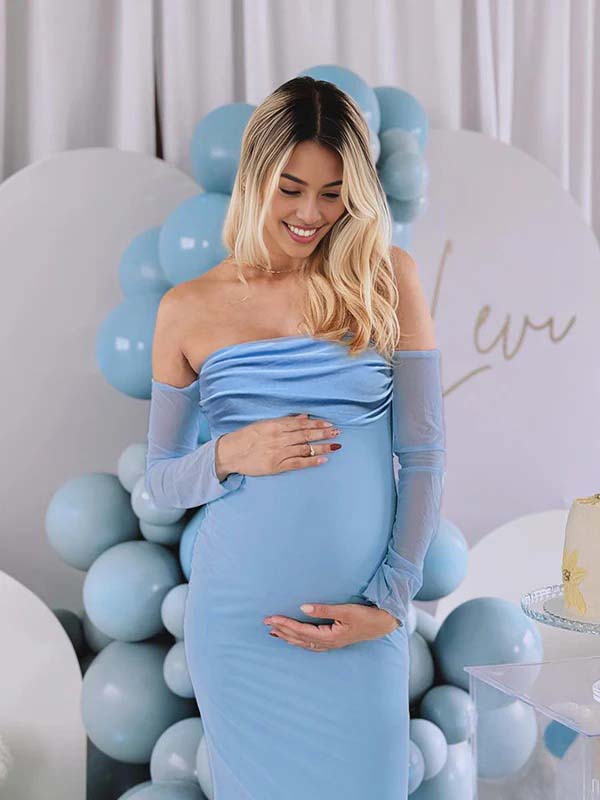 Momyknows Blue Mesh Off Shoulder Ruched Elegant Maternity Baby Shower Maxi Dress