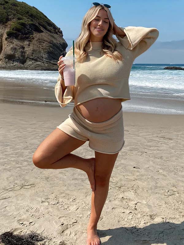 Momyknows Beige Knit Sweater And Shorts Casual Two Piece Maternity Outfit