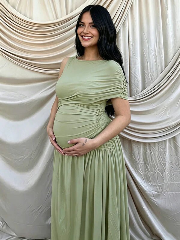 Momyknows Chic Green Cascading Ruffle Irregular Asymmetric Shoulder Baby Shower Maternity Maxi Dress