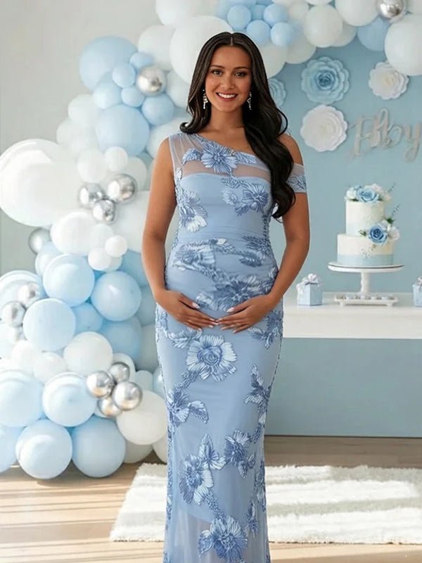 Momyknows Chic Blue Bodycon Oblique Shoulder Embroidery Flowers Baby Shower Maternity Maxi Dress, Blue / L