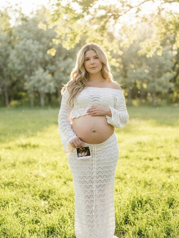 Momyknows White Off Shoulder Lace Up Crochet Backless Maternity Photoshoot Maxi Dress, White / M