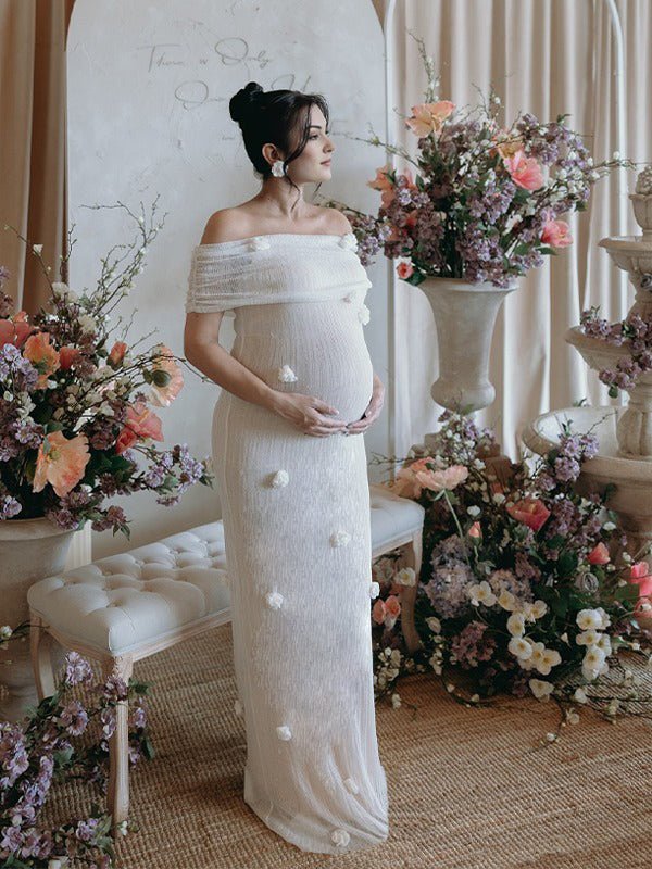 Momyknows White Off Shoulder 3D Flowers Grenadine Sheer Bodycon Elegant Beach Photoshoot Baby Shower Maternity Maxi Dress, White / 3XL