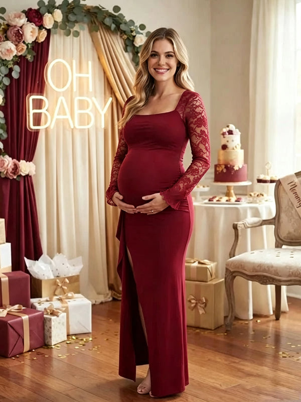 Momyknows Wine Red Long Sleeve Square Neck Lace backless Slit Solid Color Maternity Baby Shower Maxi Dress