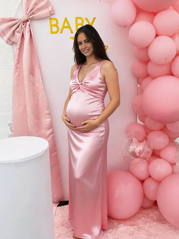 Momyknows Satin Bowknot Deep V Backless Bodycon Baby Shower Maternity Maxi Dress Pink / XXL Momyknows Satin Bowknot Deep V Backless Bodycon Baby Shower Maternity Maxi Dress Pink / XXL