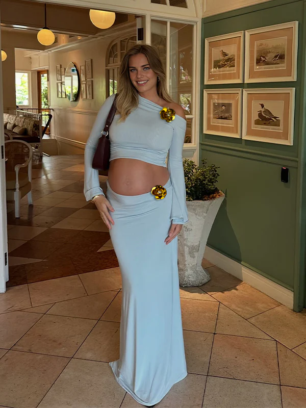 Momyknows Light Blue 2 Pieces Buckle Baby Shower Maternity Maxi Dress
