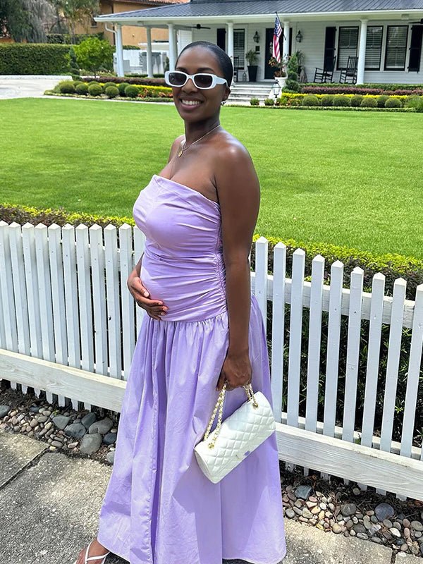 purple maternity maxi dress Momyknows Purple Ruched Zipper Backless Maternity Photoshoot Maxi Dress, Purple / L