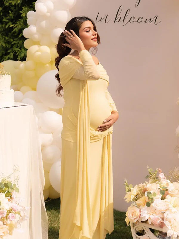 Momyknows Yellow Off Shoulder Ruched Ribbons Maternity Baby Shower Maxi Dress