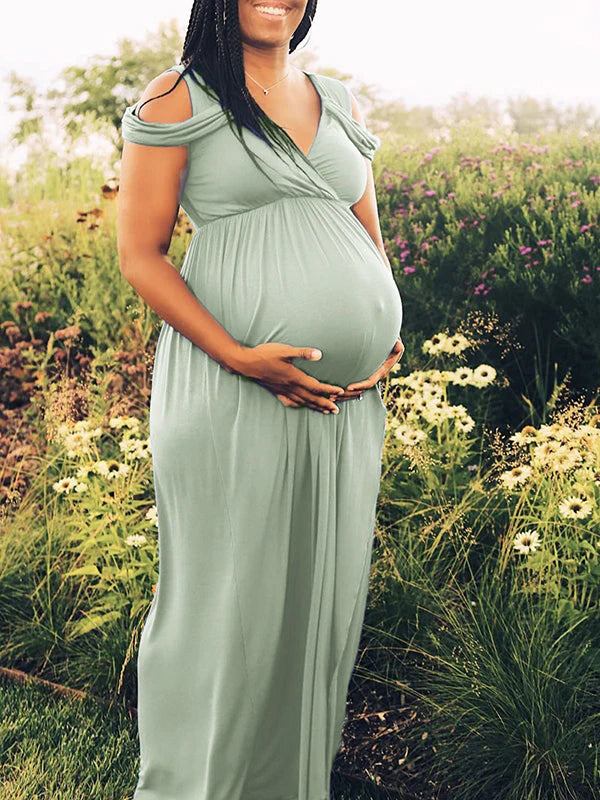 Momyknows Solid Off Shoulder Slit Floor Length Flowy Photoshoot Maternity Maxi Dress Momyknows Solid Off Shoulder Slit Floor Length Flowy Photoshoot Maternity Maxi Dress