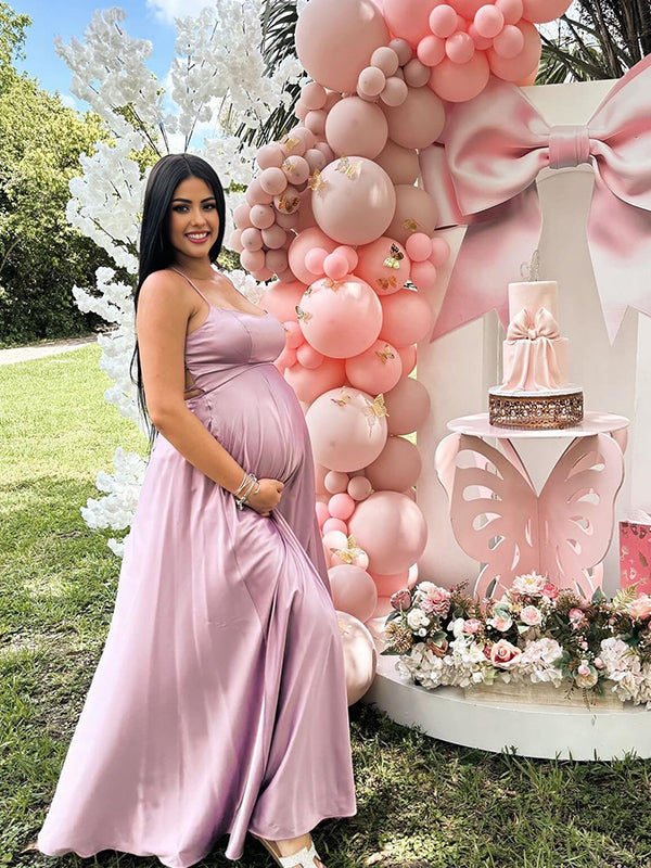 Momyknows Pink Spaghetti Strap Side Slit Maternity Baby Shower Maxi Dress