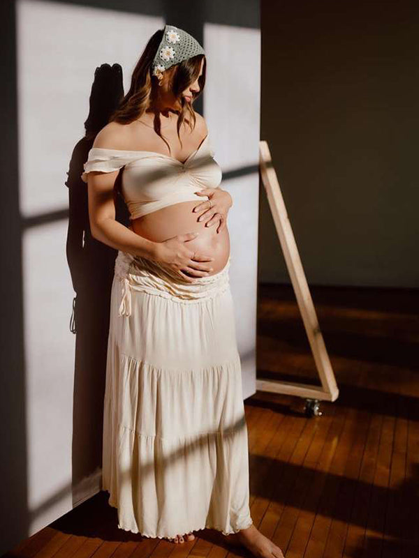 Momyknows Ivory White Two Piece Set Off Shoulder Ruffle Falbala Bodycon Elegant Maternity Boho Photoshoot Baby Shower Maxi Dress