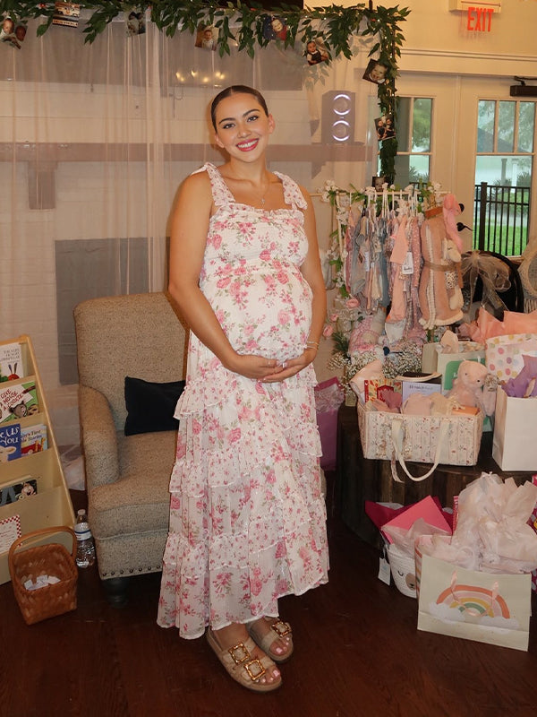 Momyknows Pink Floral Smocked Bow Cake Ruffle Baby Shower Maternity Maxi Dress