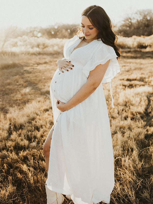 Momyknows White Deep V-neck Button Down Boho Plus Photoshoot Maternity Maxi Dress