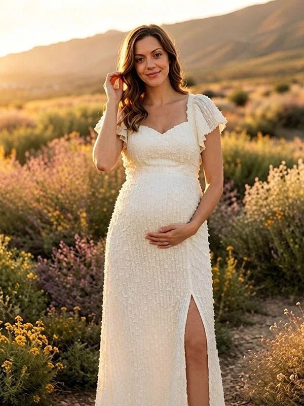 beige photoshoot dress Momyknows 3D Flowers Side Slit Backless Lace-Up A-Line Maternity Maxi birthday gown for photoshoot