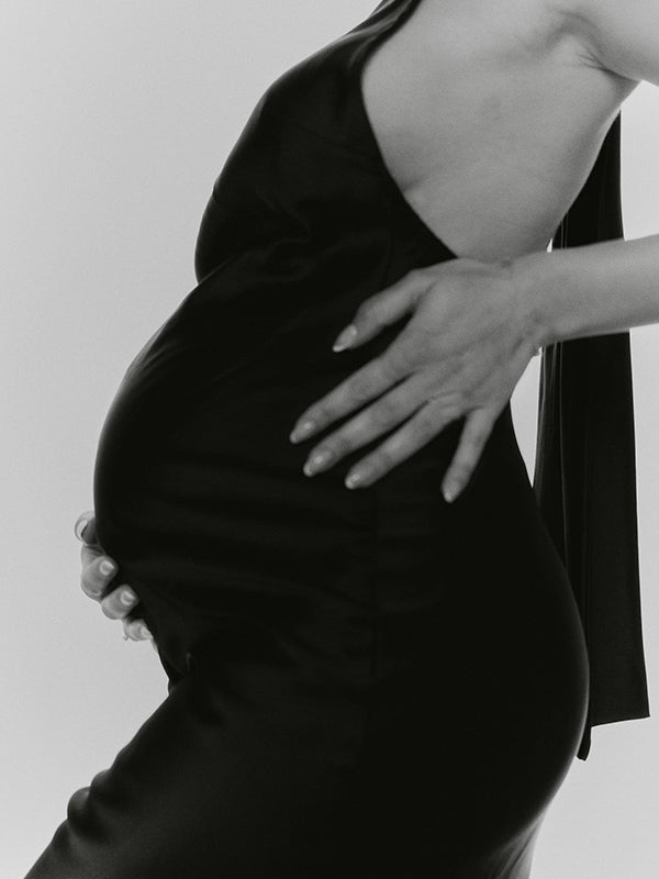Momyknows Black Halter Neck Solid Color Satin Texture Photoshoot Maternity Maxi Dress Black / XS