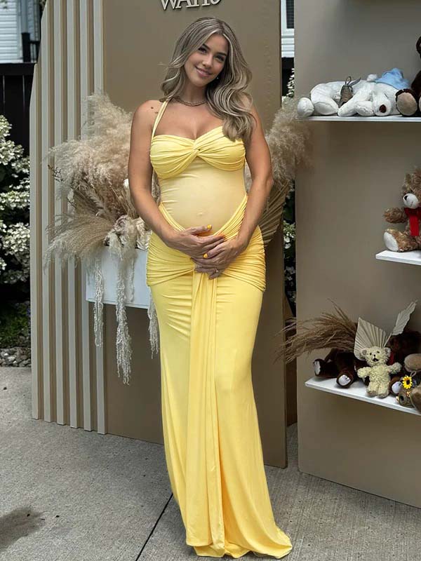 Momyknows Mesh Ruched Draped Halter Neck Backless Maternity Maxi Dress, Yellow / M