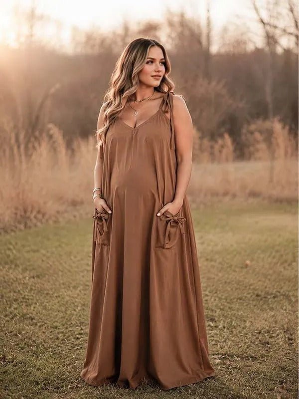 Momyknows Light Brown Ruffle Lace-up Spaghetti Strap Maternity Photoshoot Maxi Dress