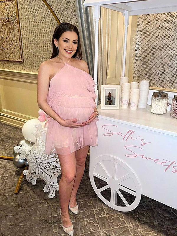 Momyknows Pink Ruffle Tulle Halter Neck Backless Irregular Babyshower Maternity Mini Dress