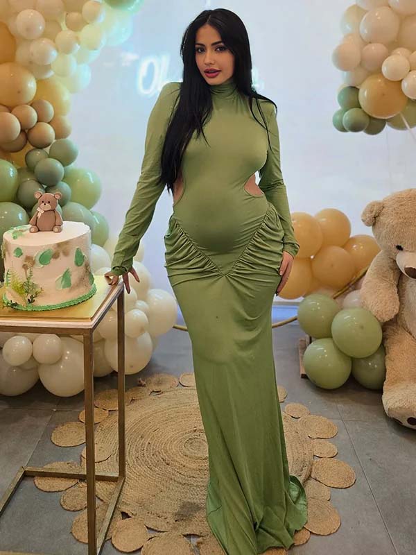 Momyknows Cut Out Ruched Backless Mermaid Elegant Maternity Maxi Dress