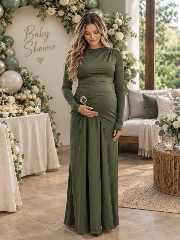 Momyknows Green Ruched Bodycon Split Design Maternity Baby Shower Maxi Dress