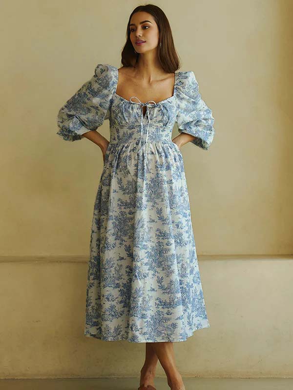 Momyknows Floral Smocked Lace-Up Off Shoulder A-line Maternity Maxi Dress