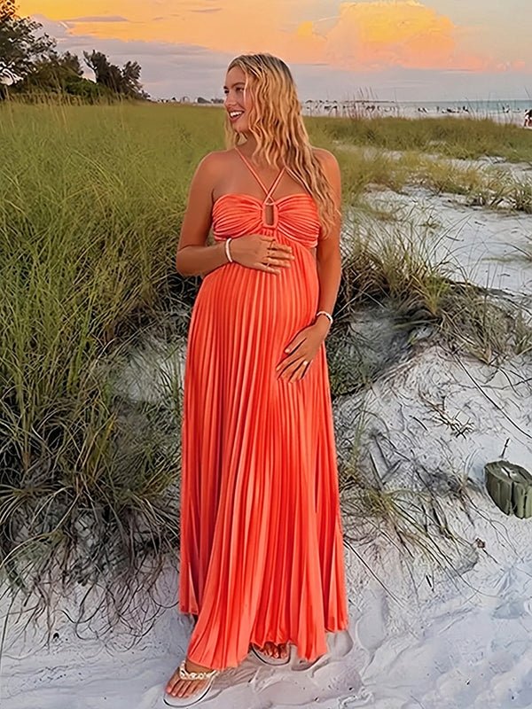 Momyknows Orange Beach Ruched Back-Tie Backless Spaghetti Strap Satin Flowy Vacation Photoshot Maternity Maxi Dress, Orange / L