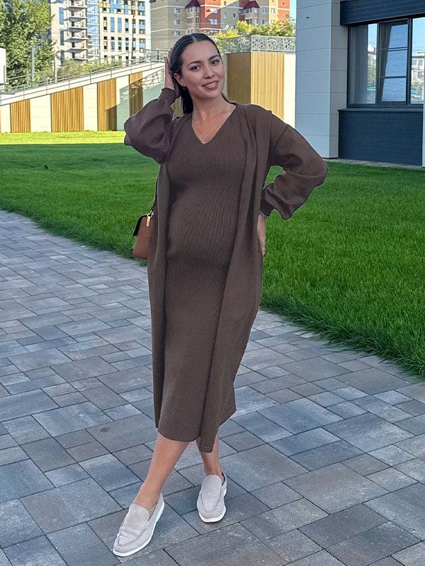 Momyknows Coffee 2 Pieces Knit Baby Shower Maternity Maxi Sweater Dress