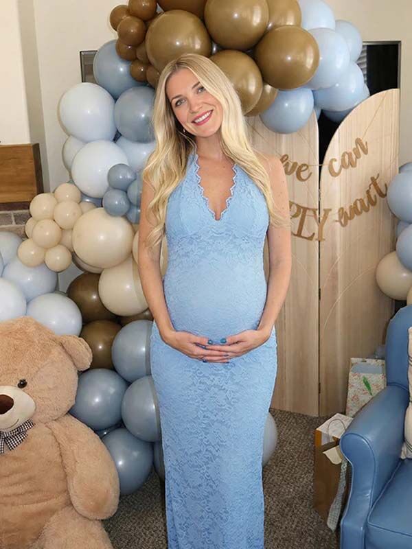 Momyknows Lace Ruffle Hem Back Slit Backless Bodycon Maternity Maxi Dress, Sky Blue / L