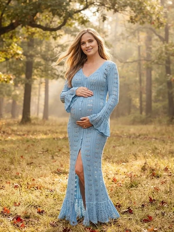 Momyknows Red Ruffle Button Flare Sleeve Maternity Photoshoot Sweater Maxi Dress, Yellow / L